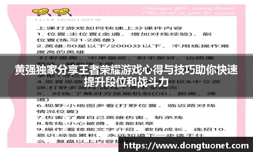 黄强独家分享王者荣耀游戏心得与技巧助你快速提升段位和战斗力